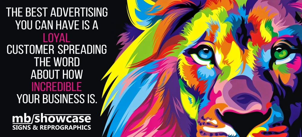 Colorful lion graphic with advertising quote